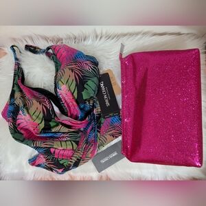 Simon Chang Women's Tropical Swimsuit & Pink Glitter Toiletry Makeup Bag New!